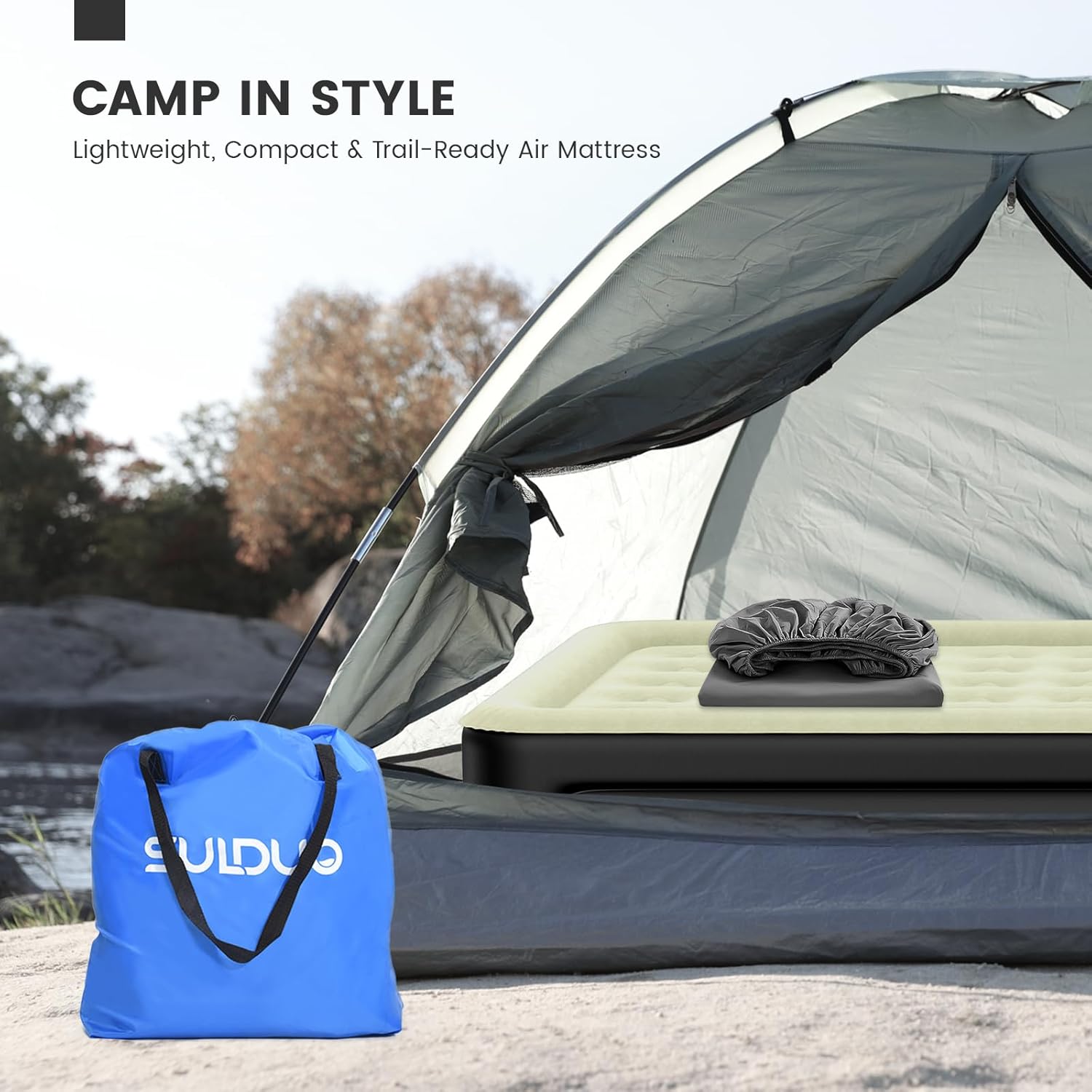 Queen Air Mattress with Fitted Sheet, Inflatable Mattress with Built in Pump, 18'' Sheet Airbed