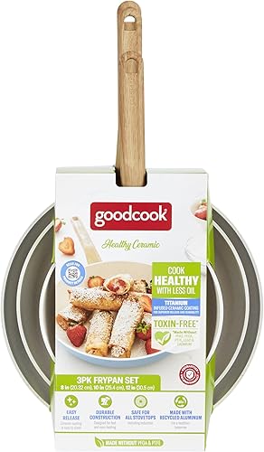 Miniatura 9 de GoodCook Juego de sartenes de cerámica saludable de 3 piezas con infusión de titanio, azul claro, utensilios de cocina de inducción, sartén