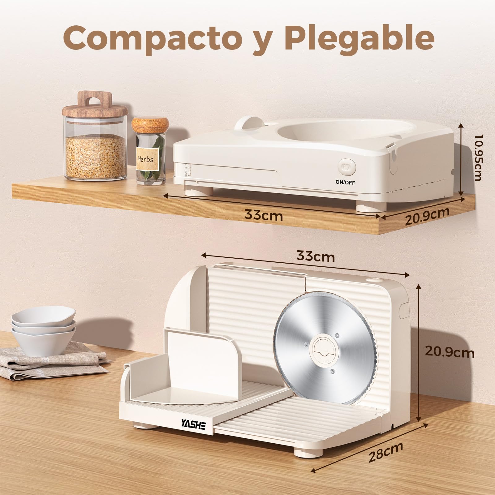 YASHE Cortadora De Fiambre Plegable, Cortafiambres Eléctrico 180W Con Hoja Dentada De 17 Cm, Grosor Ajustable 0–15 Mm, Fácil De Limpiar Y Diseño Seguro Para Carne, Queso, Pan, Verduras