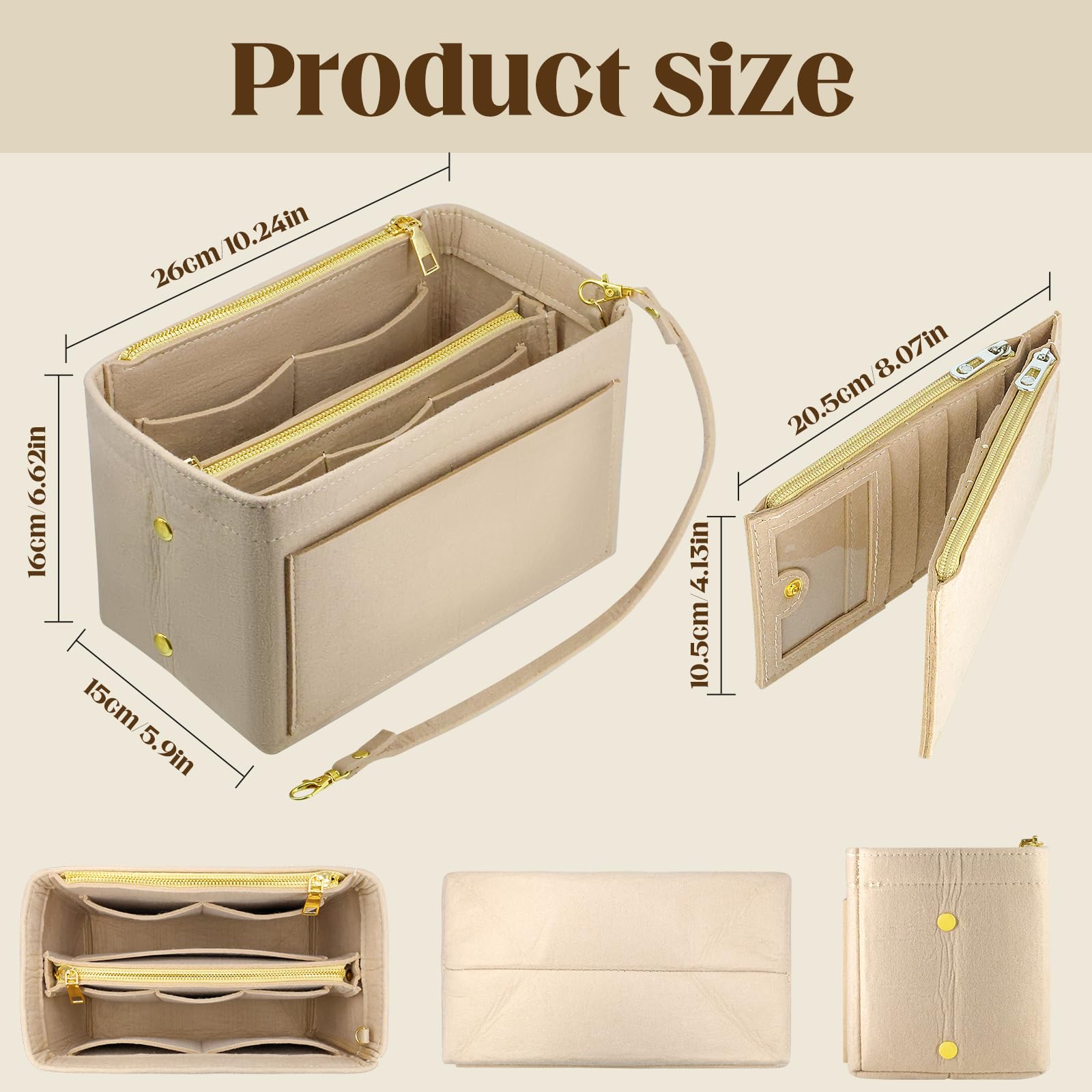 Organisateur Sac à Main Femme Kaki En Feutre Avec Fermeture Éclair - Rangement Pratique