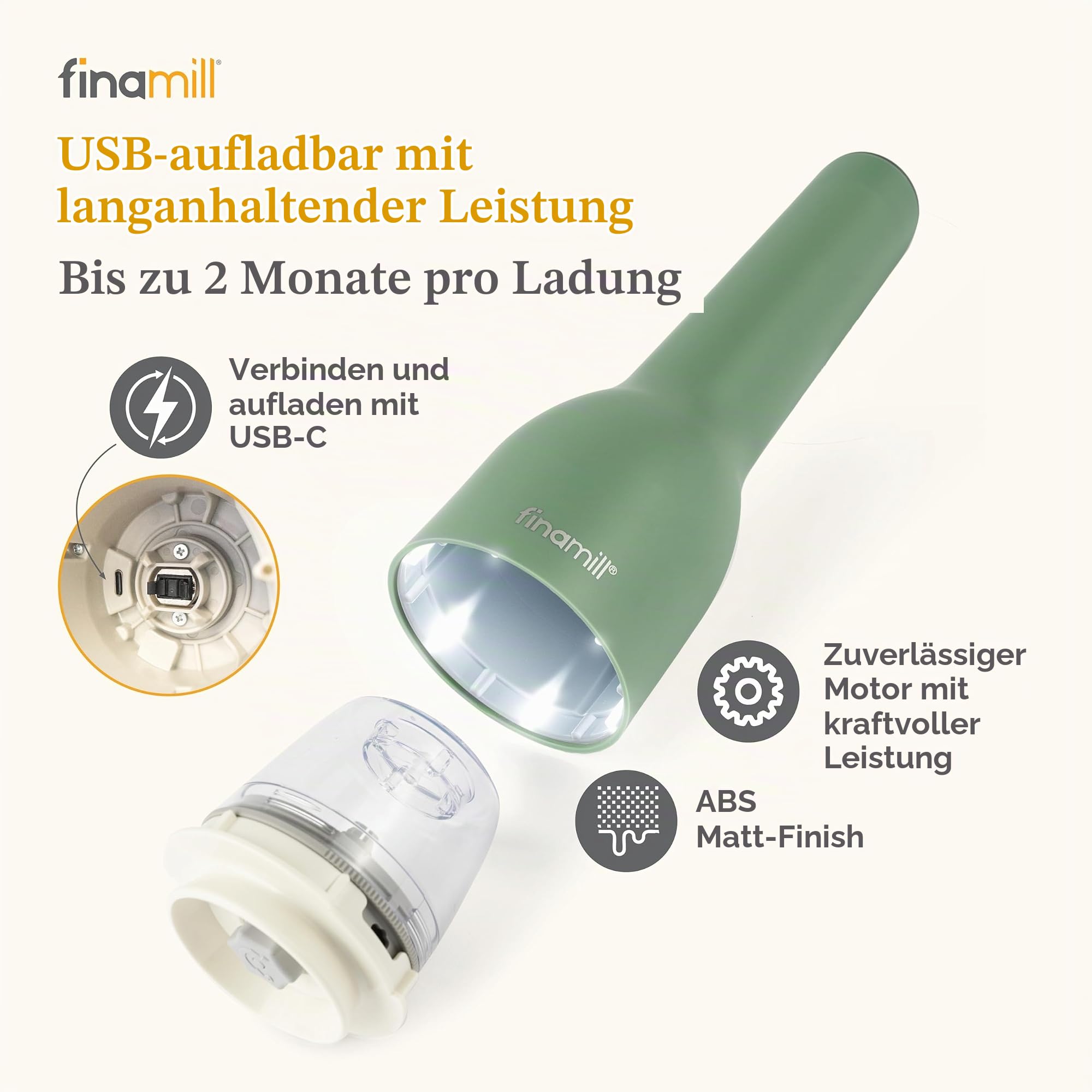FinaMill GP813437-111SAG USB-Gewürzmühlen-Set, Kunststoff, Salbeigrün