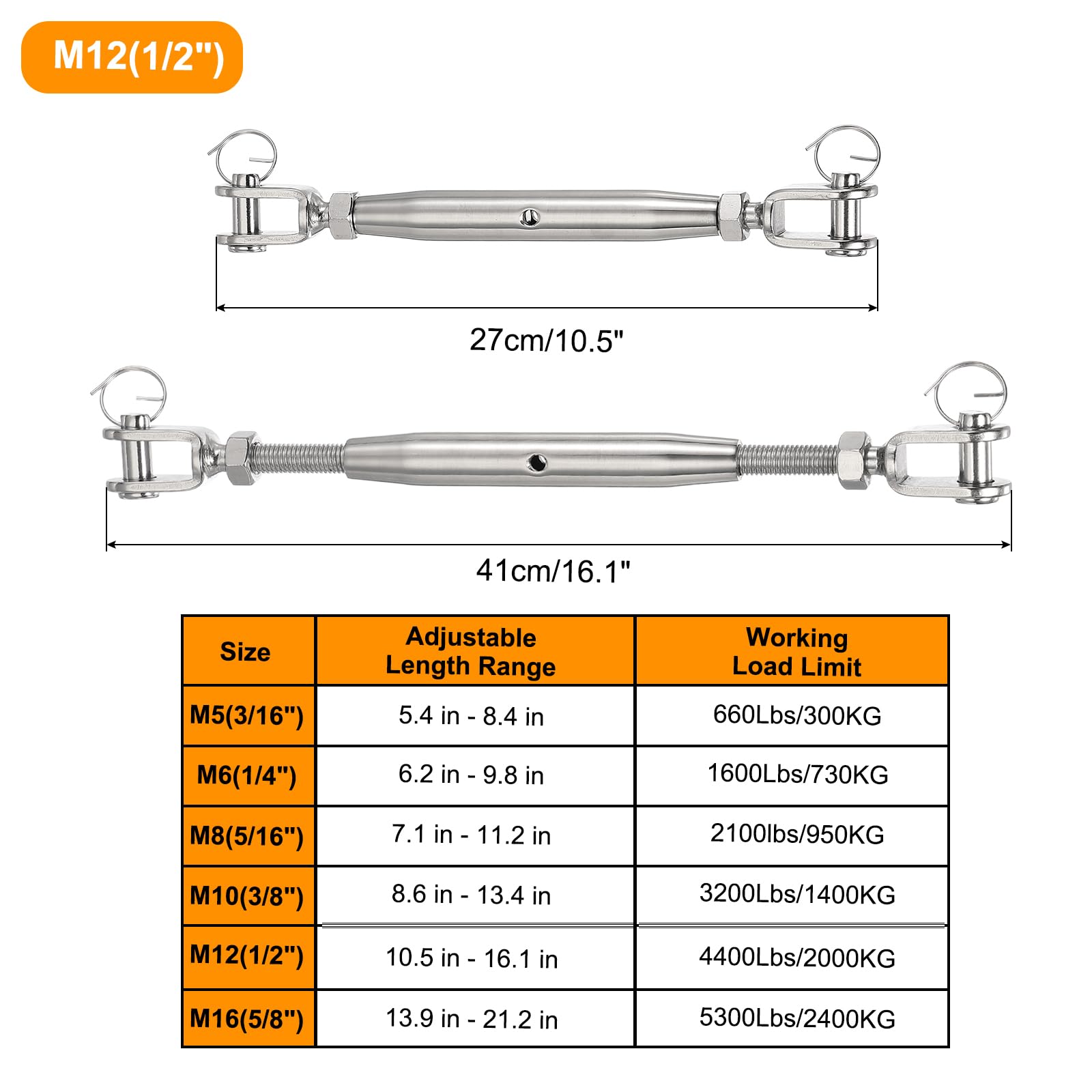 sourcing map 4 tensores M12 (1/2 pulgada) de cuerpo cerrado y mandíbula tensores de cuerda de alambre, tensor de cable ajustable de acero inoxidable para tendedero de toldo, límite de carga de trabajo