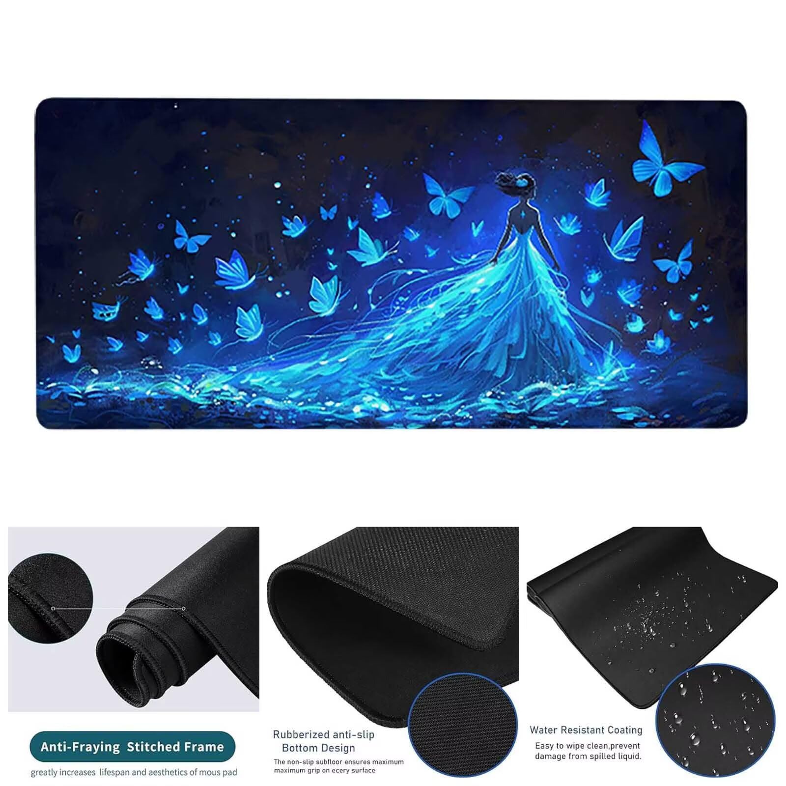 Niebieska podkładka pod mysz do gier XXL 1600x800x3 mm duża podkładka pod mysz XXL podkładka pod mysz motyl do klawiatury i biura, wysoka precyzja i prędkość, antypoślizgowa guma, akcesoria do gier