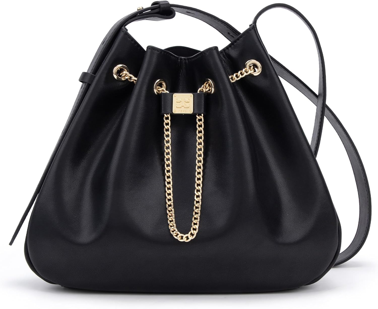 ELLE Women's Soft Leather Bucket Shoulder Bag with Chain Drawstring