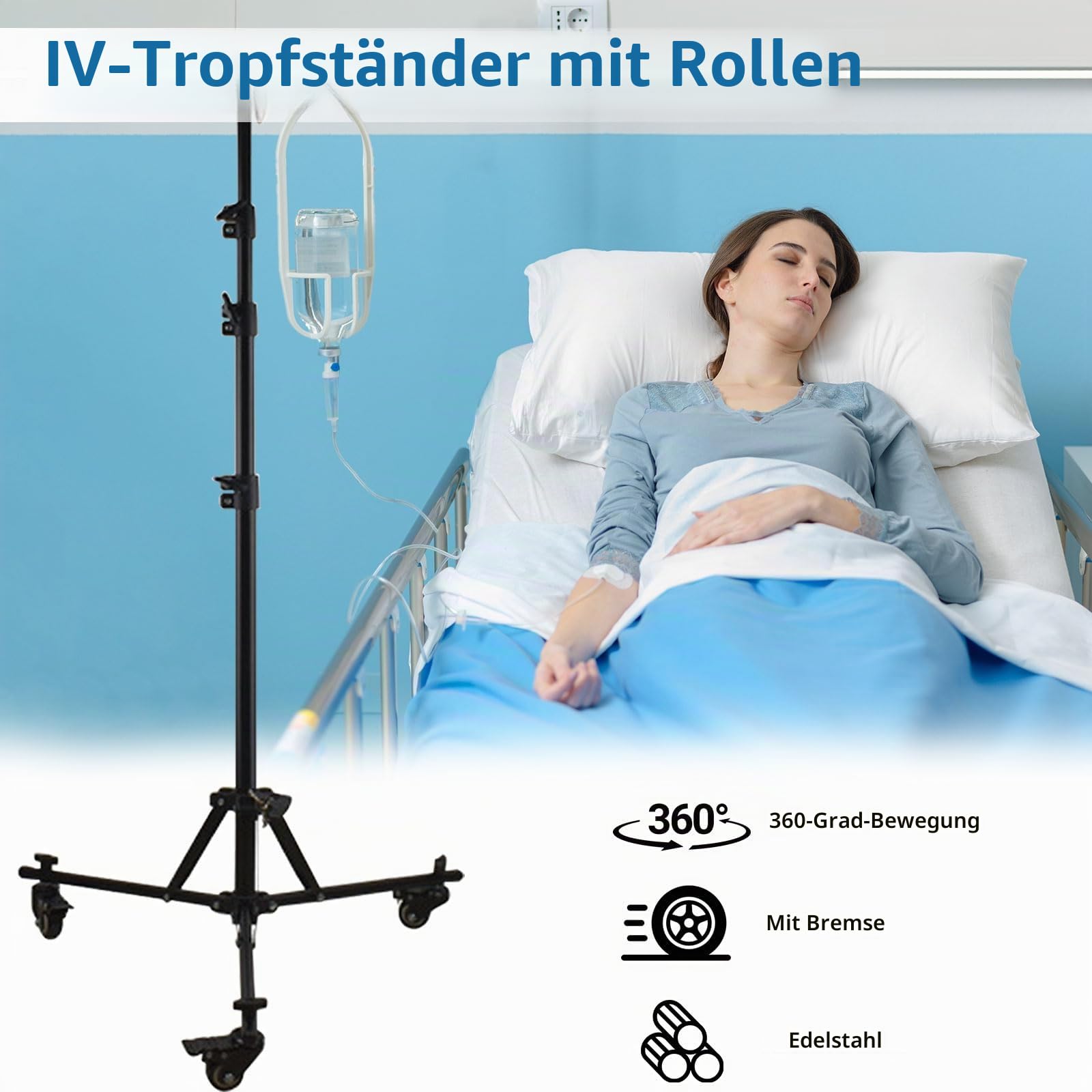 Infusionsständer mit Rollen, Faltbar & Mobil, Höhenverstellbar 90–190 cm, 4 Haken 180° Drehbar, Mit 3 Netz-Taschen, Tragetasche & Bremsrollen – Tragbarer Infusionshalter