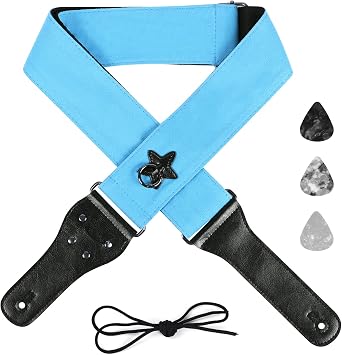 Acoustic Guitar Strap, 2.5 inch Width Soft Cotton & Leather Ends Strap with 1 Headstock Cord and 3 Picks Set