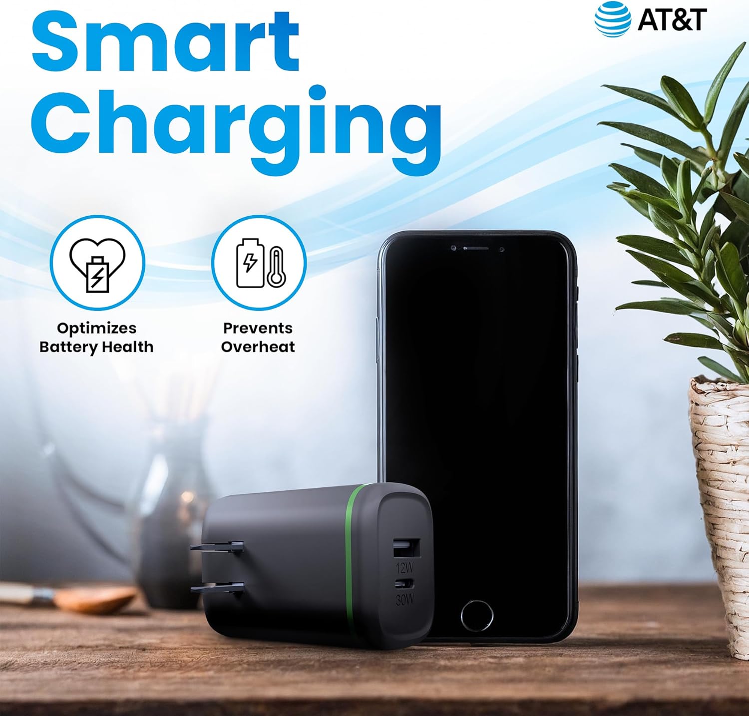 AT&T 42W Dual Port USB-C + USB-A Wall Charger, Fast PD 3.1 PPS Adapter for iPhone 16, 15, 14, Galaxy S25, S24, Pixel 9, MacBook, iPad, Foldable Eco-Friendly Travel Plug – Black