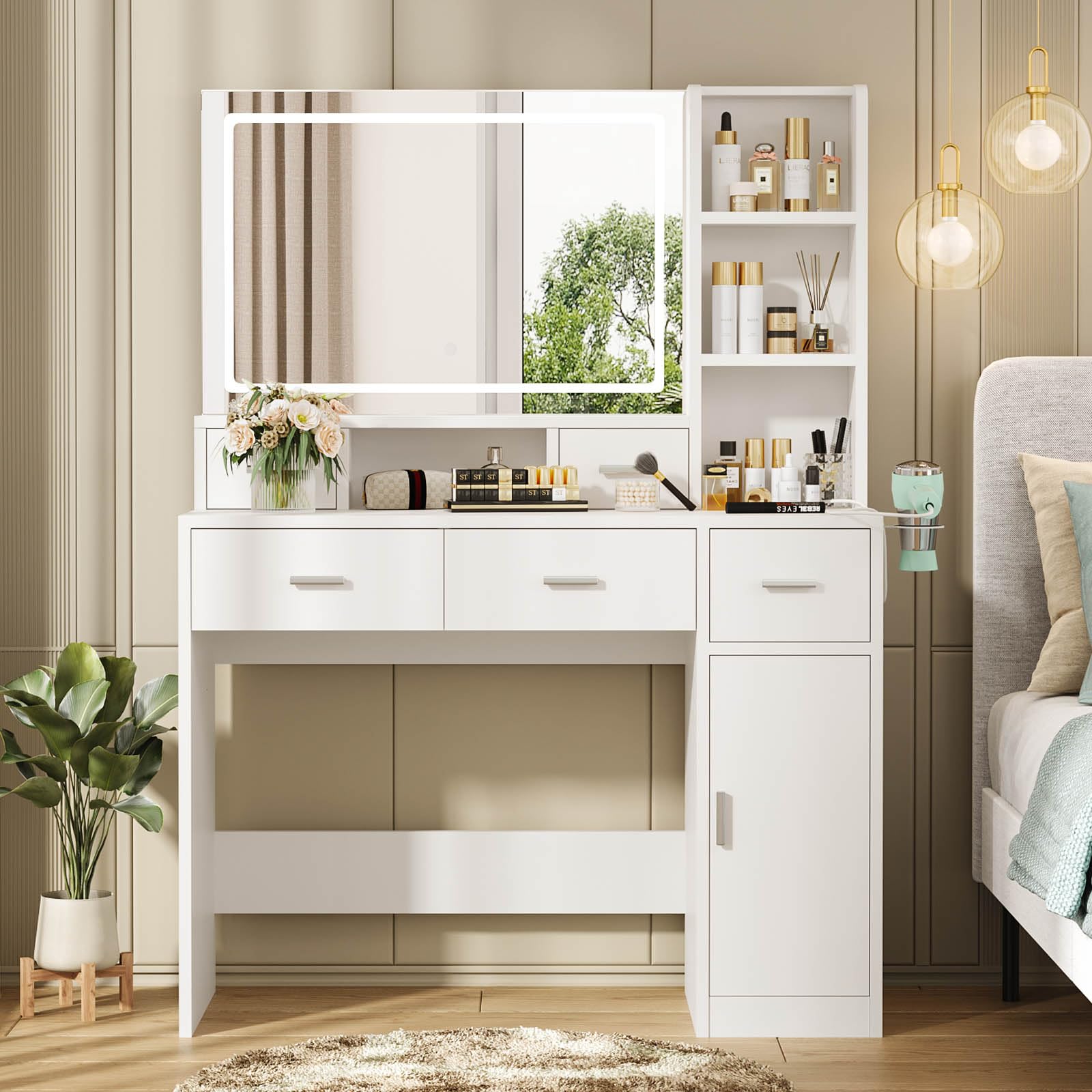 Hayiodda Vanity Desk with Mirror and Lights, White Makeup Vanity with Adjustable LED Mirror, Small Vanity Table with Charging Station & Storage