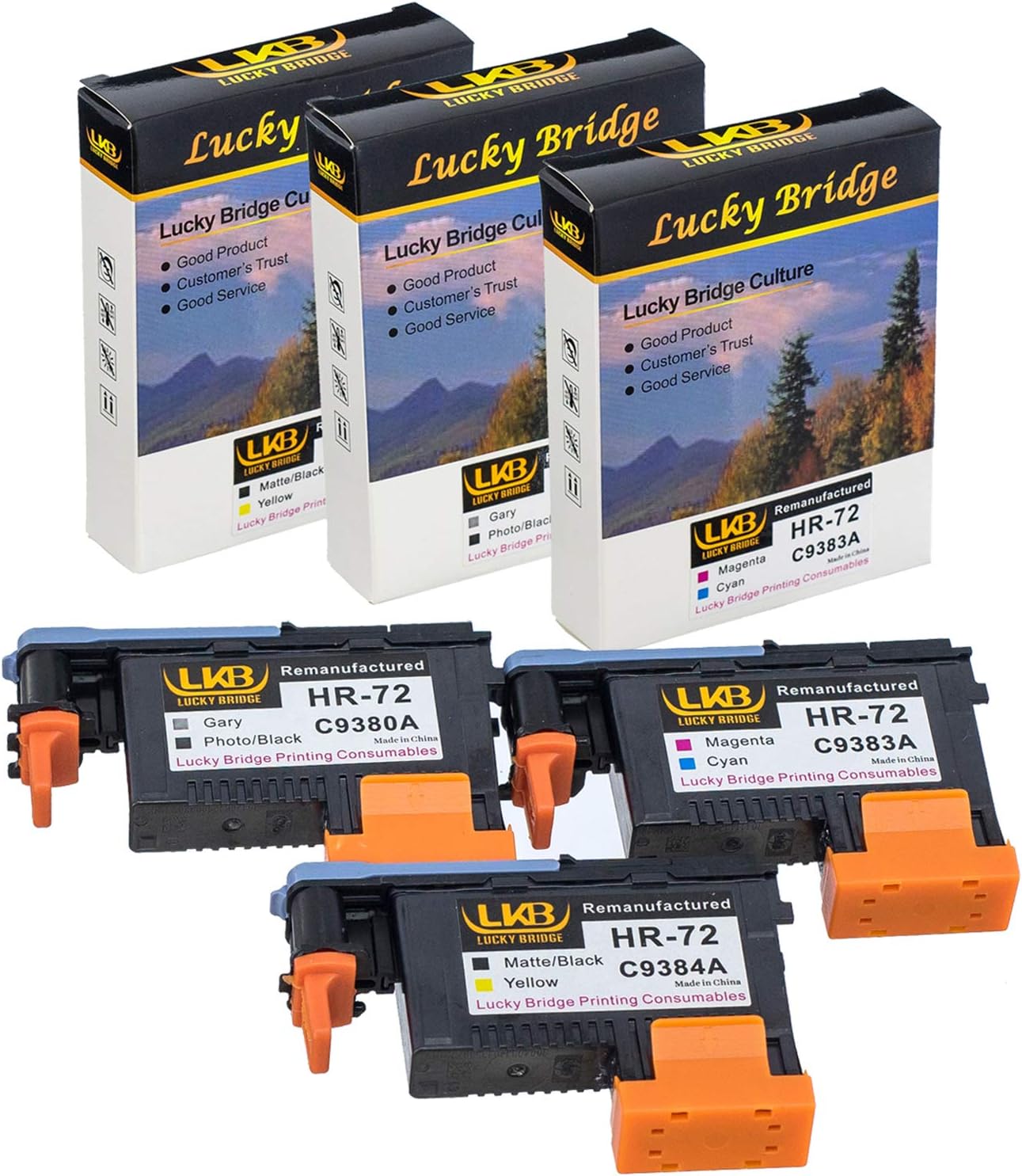 Lucky Bridge HP72 Remanufactured Printhead 3PK (G/PK MK/Y M/C) C9380A C9383A C9384A Compatible for HP T1100 T790 T770 T60 T1300