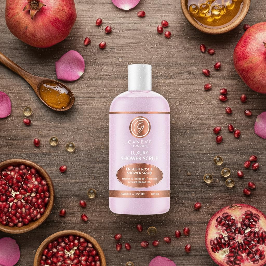 Ganeve London Luxury Shower Scrub English Rose & Pomegranate with Vitamin E, Jojoba Oil Rose Ext. & Pomegranate, Paraben & SLS Free, 300 ml (Pink, Medium)-image-39