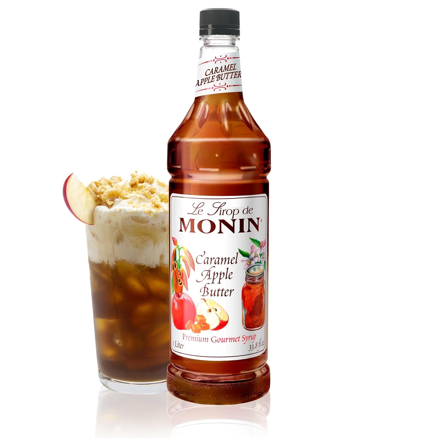 Monin - Caramel Apple Butter Syrup, Buttery Caramel and Cooked Apple Flavor, Natural Flavors, Great for Hot Lattes, Ciders, and Seasonal Cocktails, Non-GMO, Gluten-Free (1 Liter)