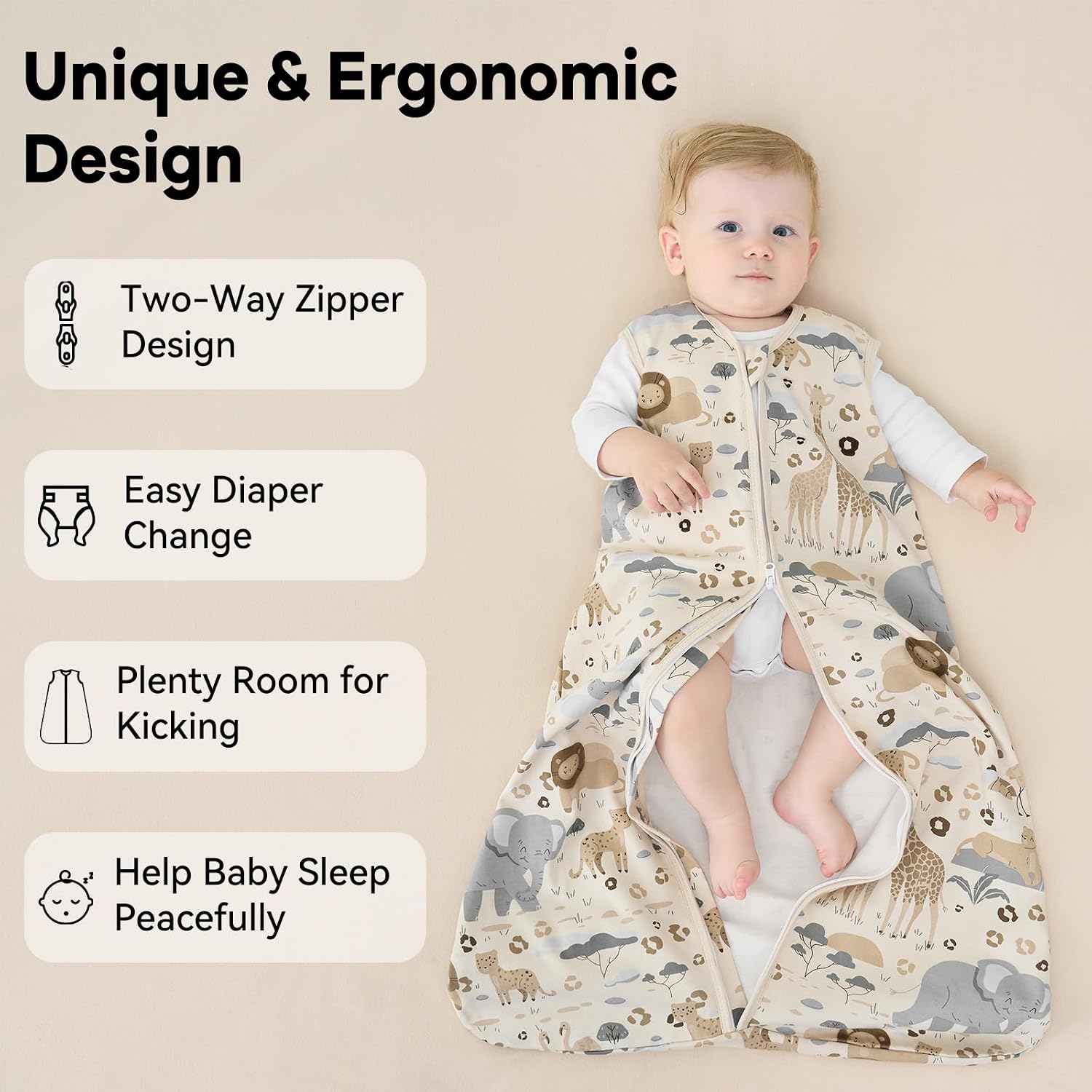 Unnivoll Baby Sleep Sack 0-6 Months 1.0 Tog Baby Wearable Blanket 100% Cotton Sleeping Sack with 2-Way Zipper for Infant Newborn Apricot & Gray Elephant