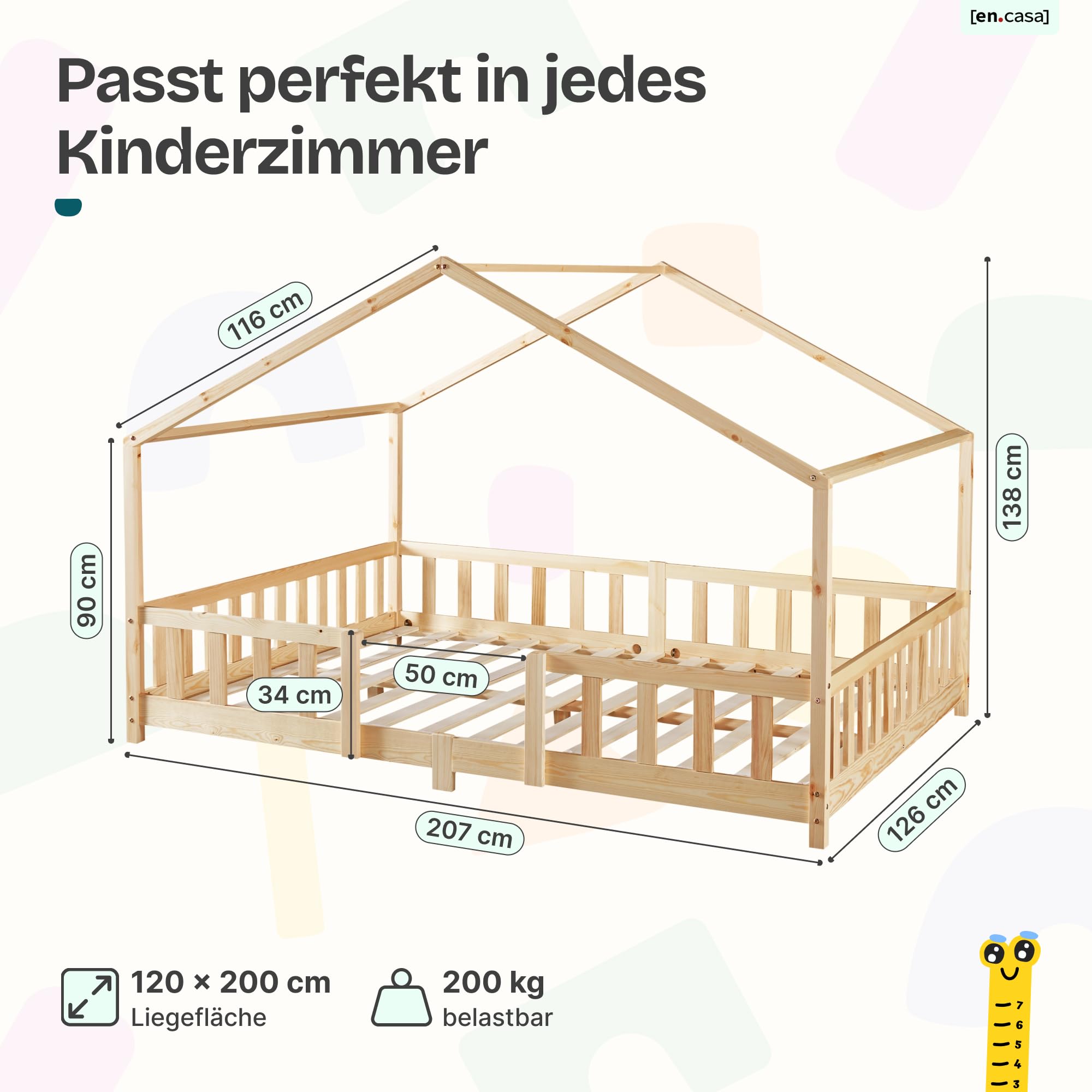 Kinderbett Treviolo Hausbett 120 x 200 cm Holzbett mit Rausfallschutz Montessori Bettgestell Kiefernholz