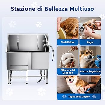 Vasca Toelettatura Cani In Acciaio Inox - Con Rubinetto, Anello Di Sicurezza, Misure 39-135 Pollici