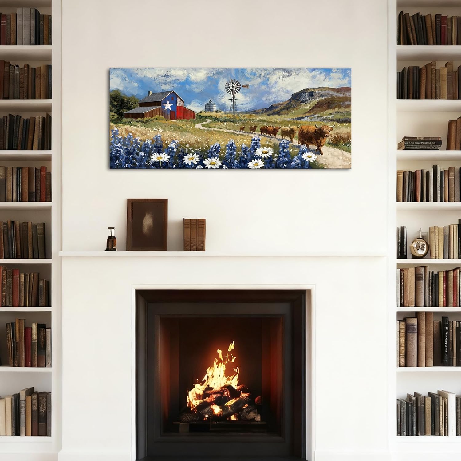 OuElegent Texas Ranch Landscape Wall Art Rustic Farmhouse Painting with Longhorn Cattle, Windmill and Barn Pictures Western Country Wall Decor framed 20''x48'' (colorful)