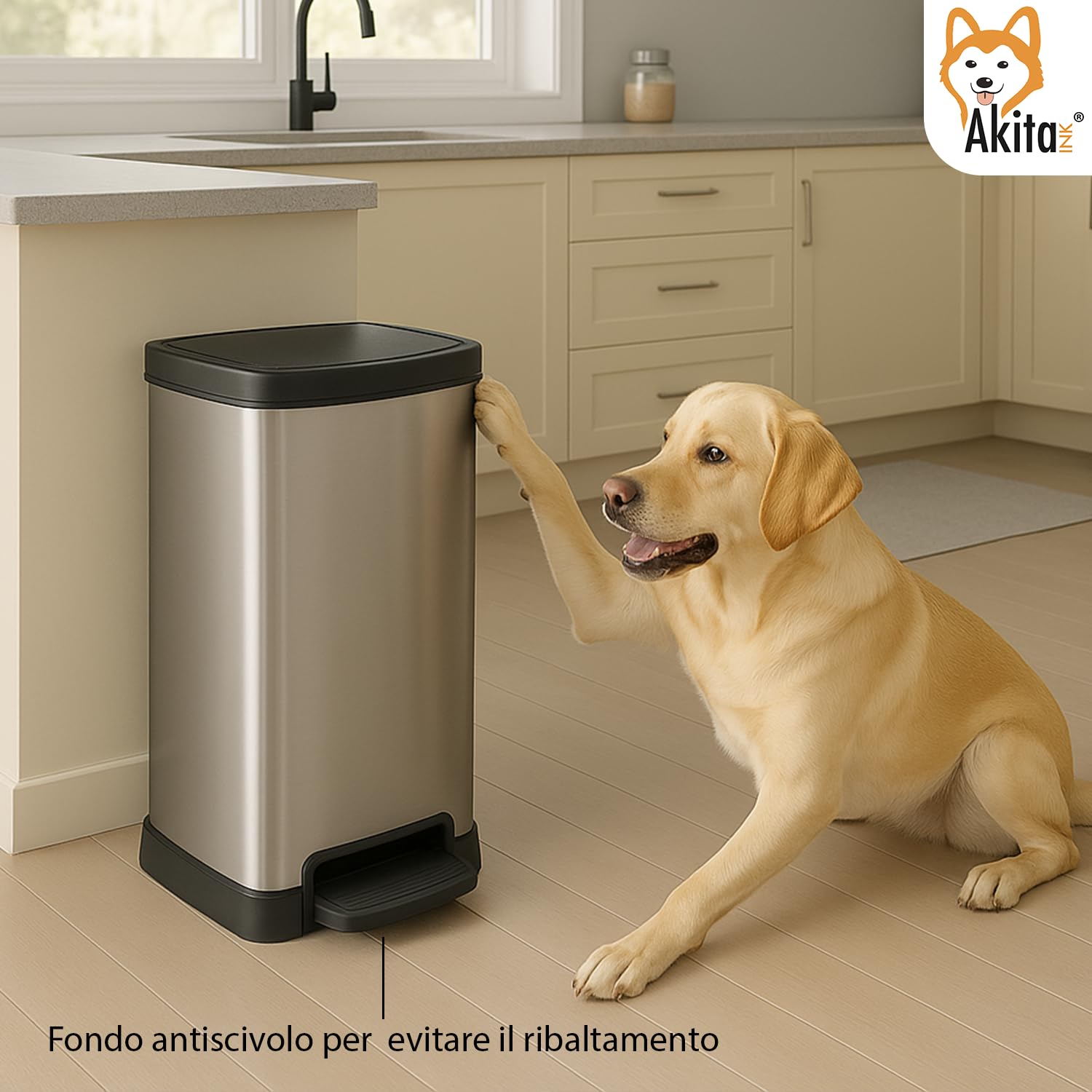 AKITAInk Pattumiera a Pedale BIG XXL 28,8x39x65,4 cm - Compatibile con 2 Sacchetti, Chiusura Soft Close, Raccolta Differenziata, Grigio Metallizzato, per Cucina e Ufficio, Facile Pulizia