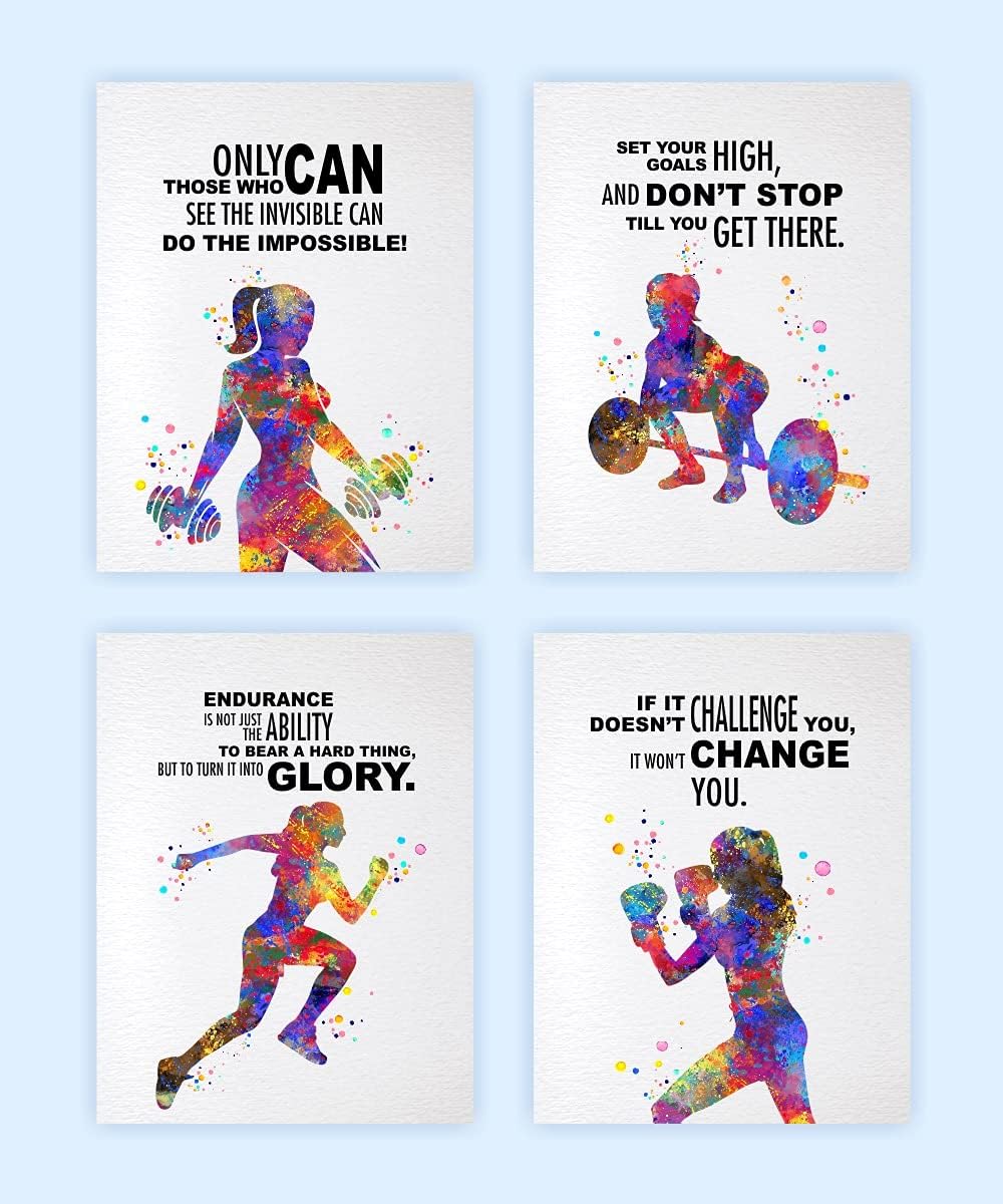 Dignovel Studios 8X10 Set of 4 Unframed Intensive Workout Training Exercise Running Boxing Weight Lifting Watercolor Art Print Poster Woman Gym Inspirational Quotes Motivational Wall Decor DN638