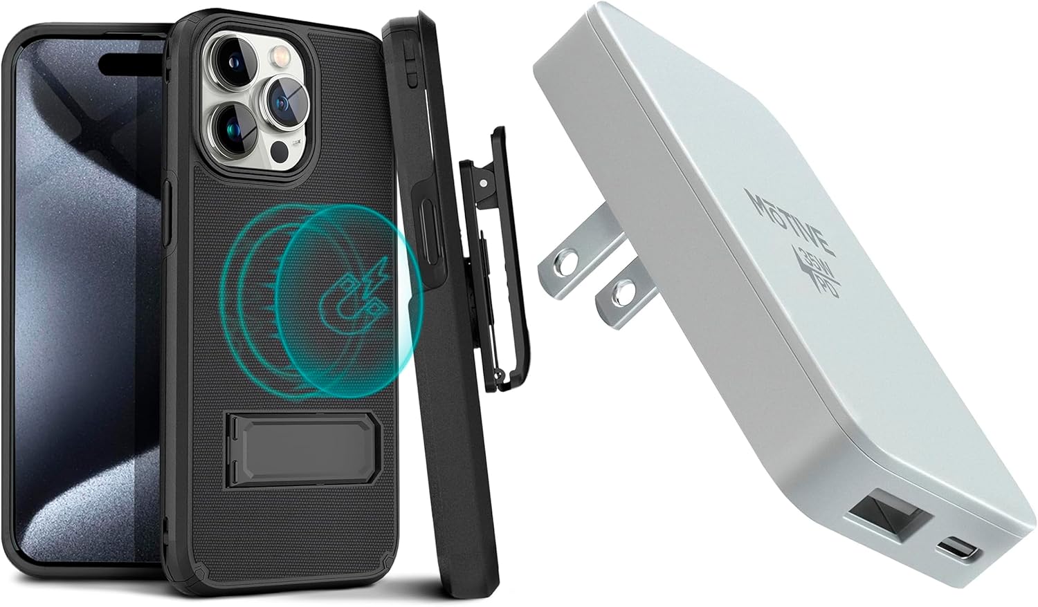MOTIVE iPhone 15 Pro Case with Clip & Flat Wall Charger 35W, Kickstand, Magnetic Shell Holster Combo, Super Fast Charger USB C & USB A