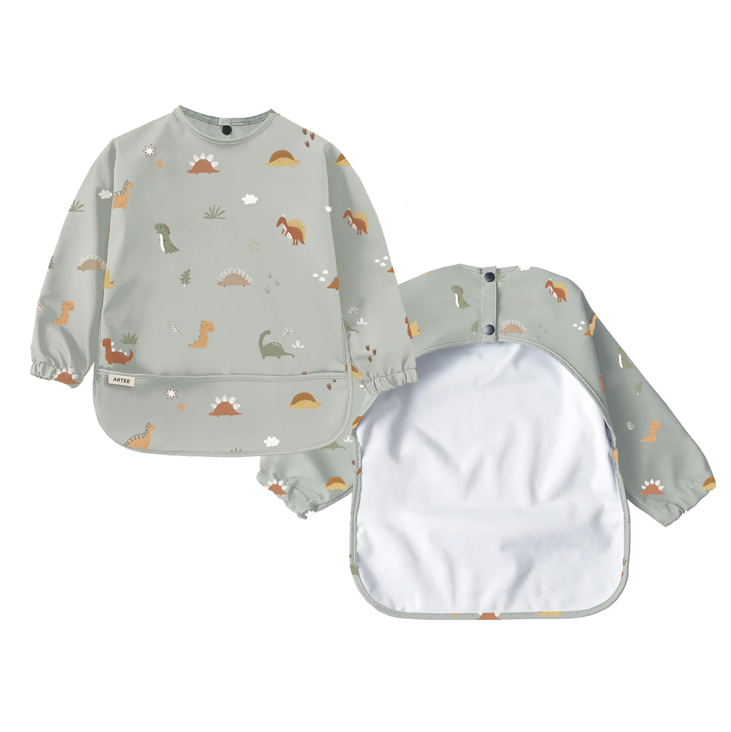 ARTEE Sleeved Bib Coated Waterproof Wipe Clean Bib with Sleeves Baby Waterproof Bib Gift, Dinosaurs, M - Image 4