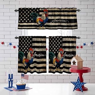 Independence Day Kitchen Curtains Valances 3 Piece Set, Retro Five-Pointed Star U.S. Flag Farm Chicken Rod Pocket Tier Curtain and Valance Drapes for Small Window 24 Inch Length for Bedroom Cafe