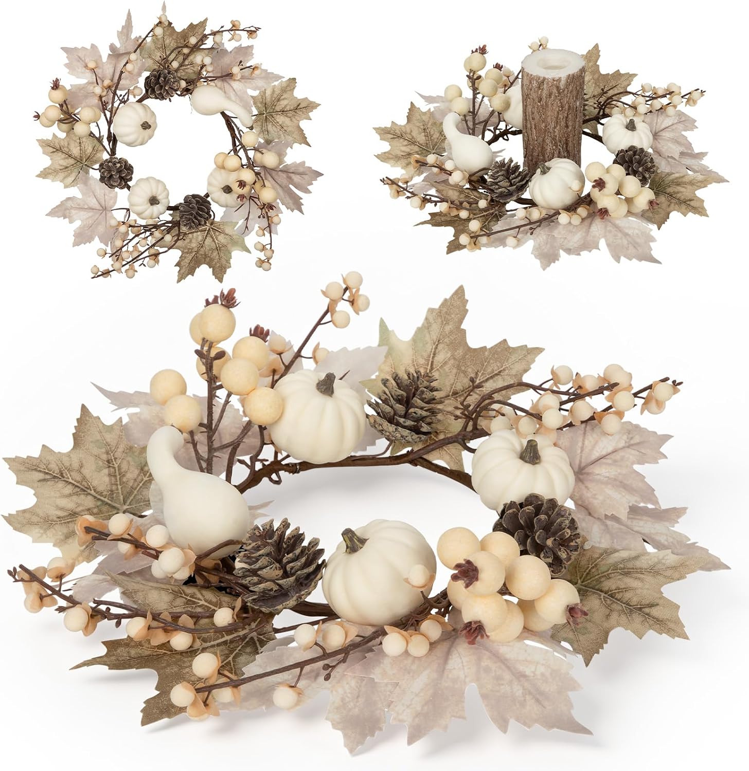 2 Set 11.8" Artificial Fall Candle Wreath for Table Centerpieces Table Accent Small Pumpkin Candle Rings for Pillars Autumn Candle Centerpieces Maple Leaf Wreath for Front Door Window-Two usages