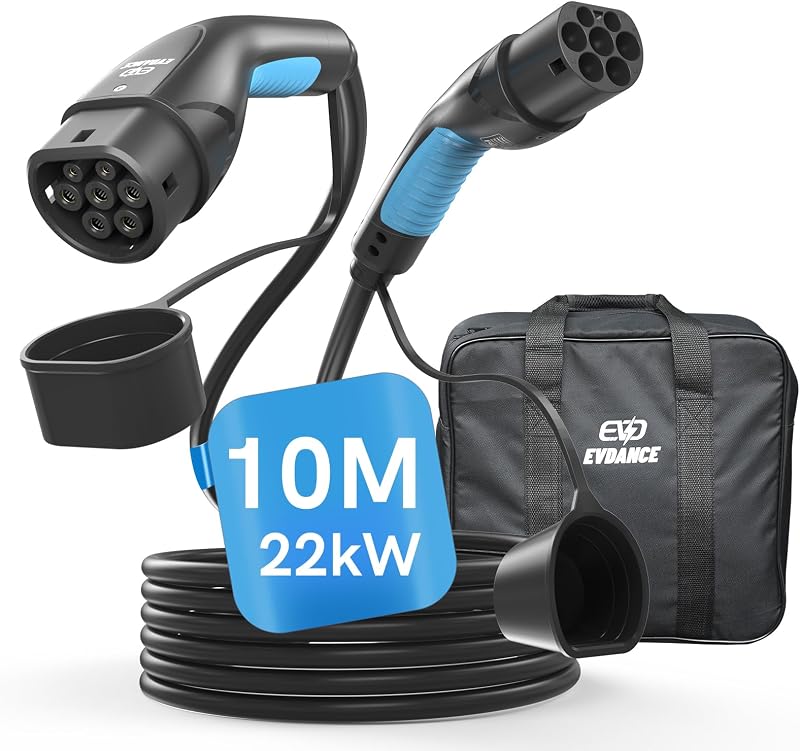 EVDANCE Type 2 Töltőkábel Elektromos Autóhoz 22 kW 32A 10m Háromfázisú EV PHEV Gyorstöltő Kábel Táskával IP65 Vízálló