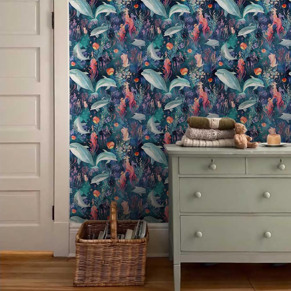 18"x236" Watercolor Under The sea Dolphin Seaweed Coral Peel and Stick Self Adhesive Wallpaper Removable Stick on Easy Peel Off Wall Paper for Kitchen Bedroom Bathroom Renter