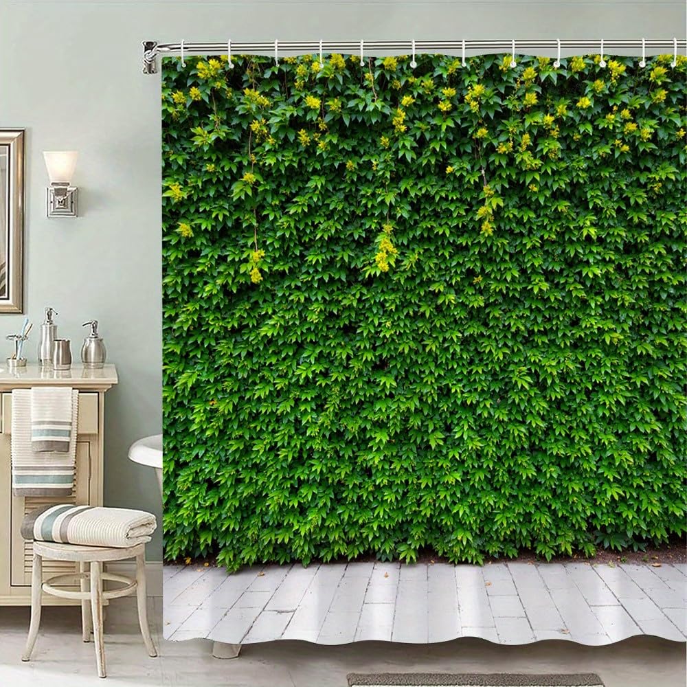 Rideau de douche rustique vert lavable en machine avec motif haie nature