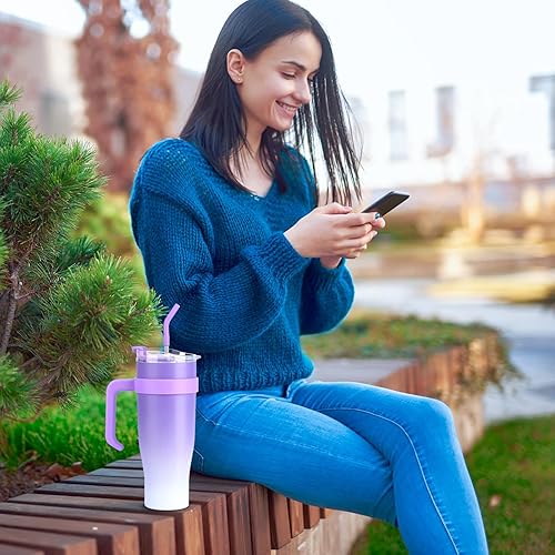 Miniatura 7 de Vaso de 40 onzas con asa y tapa con pajilla, botellas de agua de acero inoxidable aisladas, taza de viaje para café a prueba de fugas, vasos de