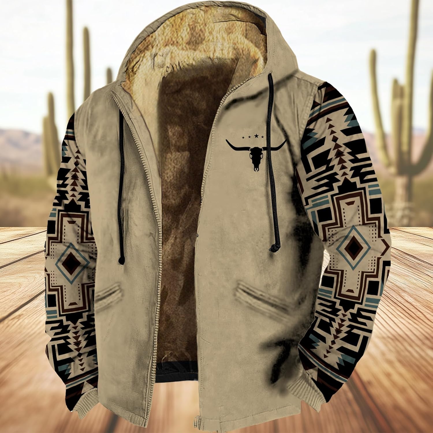 HOTYD Western Cowboy Jackets for Men Retro Aztec Graphic Print Hooded Jackets Drawstring Long Sleeve Zip Up Fleece Lined Winter Coats F-Khaki 3XL - Image 2