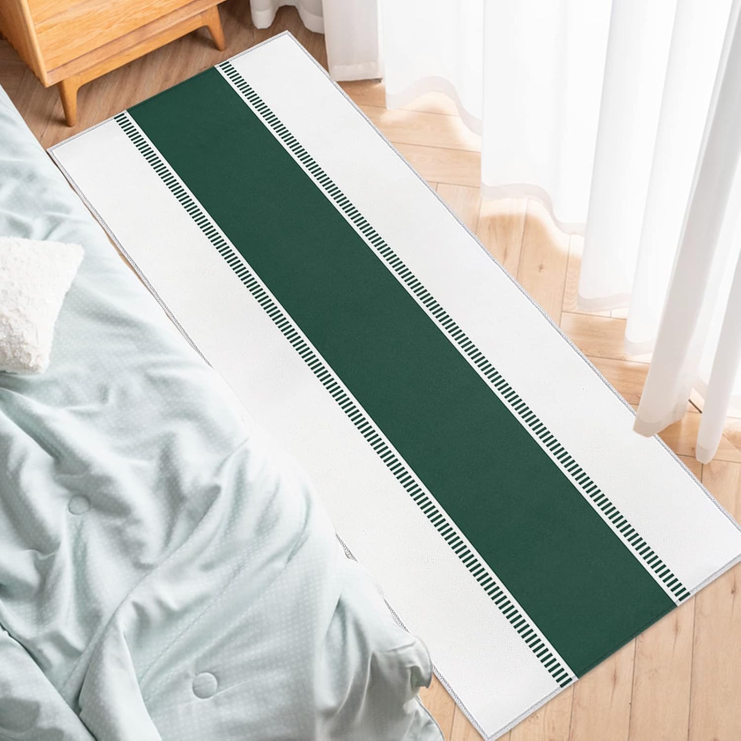 Teamery Kitchen Mats for Floor Geometric Green Stripe on White Washable Non Slip Kitchen Rugs 1PCS, Modern Color Pattern Absorbent Standing Mats for Sink Bathroom Office Living Room 23.6x70.9in