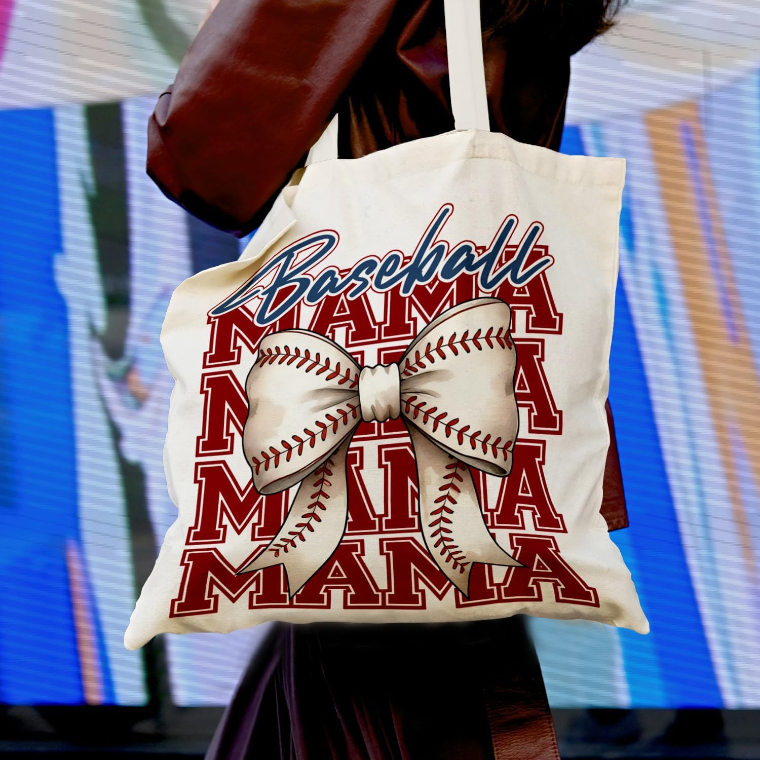 Coquette Bow Baseball Mama Canvas Tote Bag, Baseball Mom fans lovers Gifts for Women - Image 2