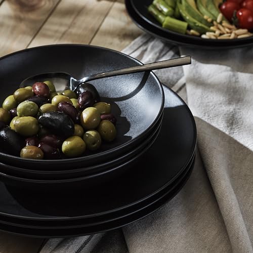 Image of Porto by Stone Lain Semplice 12-Piece Premium Kitchen & Dining Dinnerware Set Stoneware, Black Matte, Crafted in Portugal, Dishwasher and Microwave Safe Scratch-Resistant Dish Set for 4