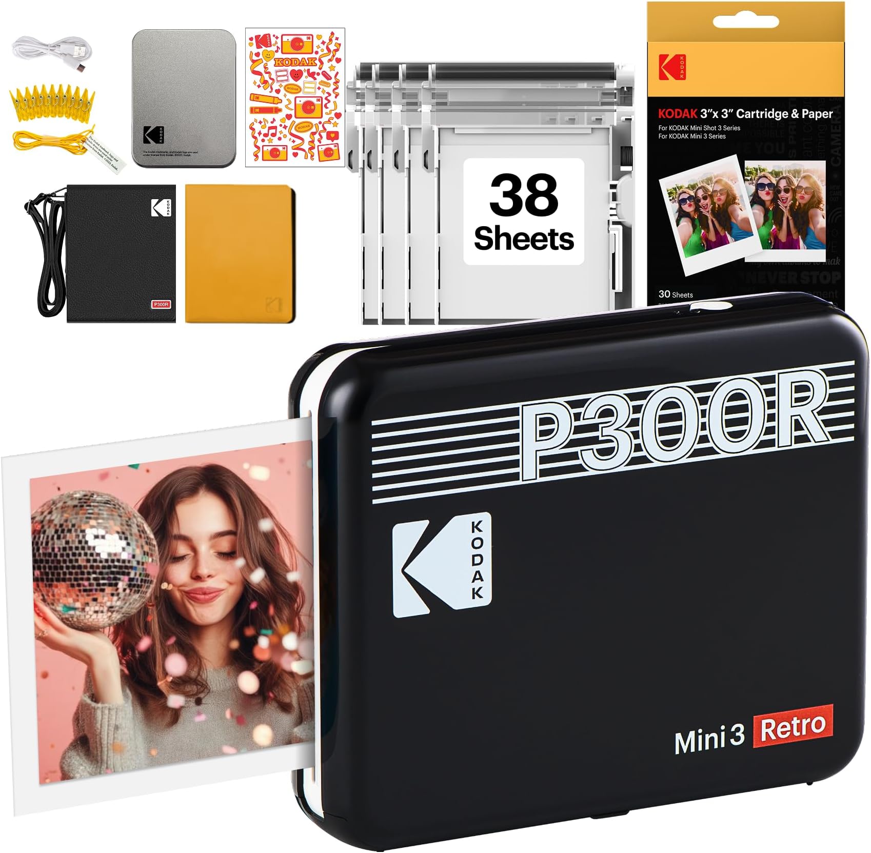 KODAK - Mini 3 76 x 76 mm Bluetooth Wireless Portable Photo Printer for Apple iOS and Android Smartphones - Black