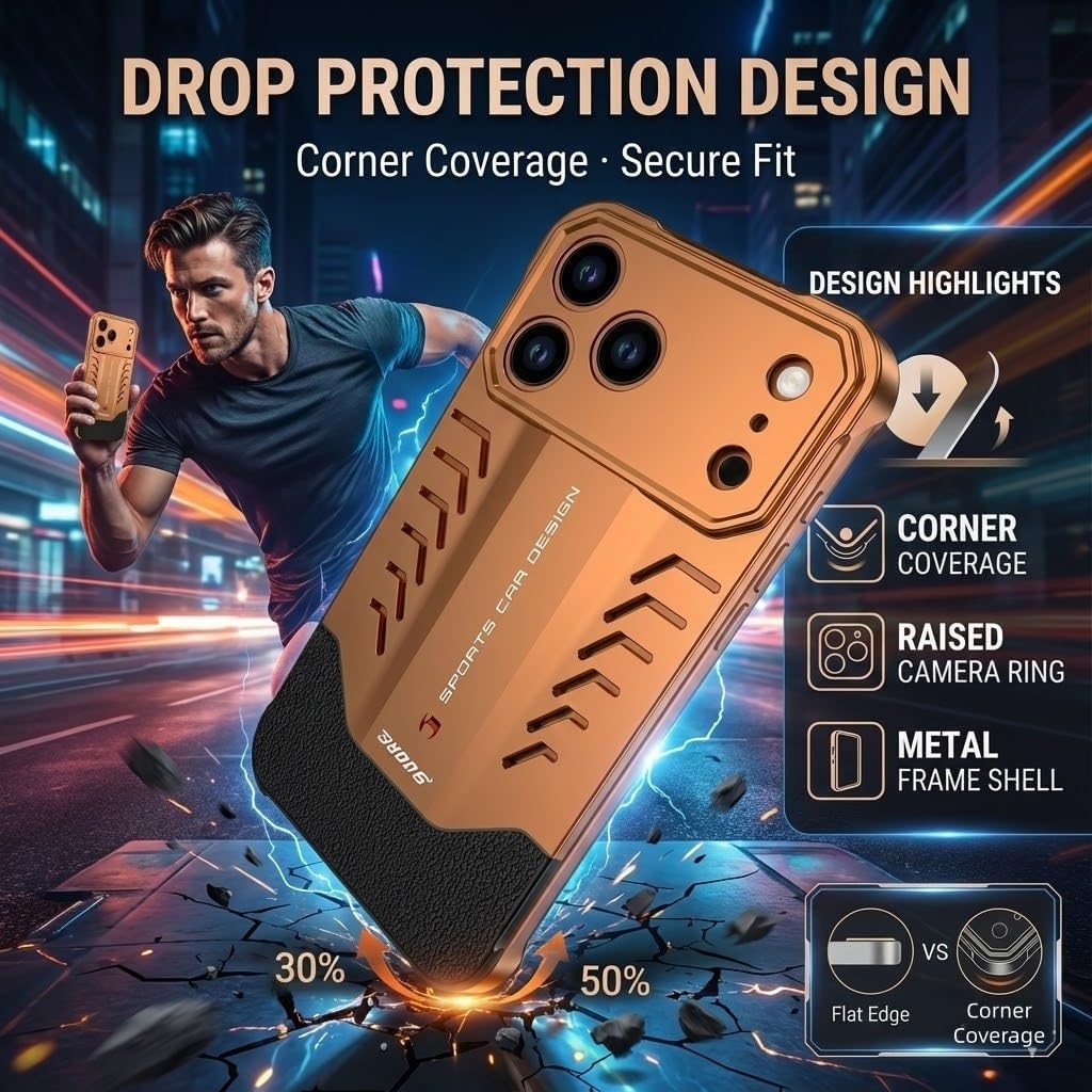 Supercar-Inspired Aluminum Case for iPhone 17/16 Pro Max / 17/16 Pro / 16 Plus, Frameless Metal Cover with Cooling Vents, Slide-to-Lock Spring Clamp, Slim Shockproof Protection(Silver,17 Pro)