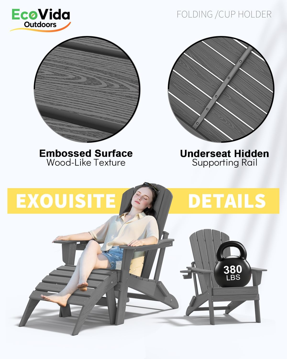 3-Piece Folding Adirondack Chair Set - 38" Extra Tall Back & Embossed Wood Grain, Oversized HDPE Patio Furniture with Side Table & Cup Holders, 380lb Heavy Duty,Grey