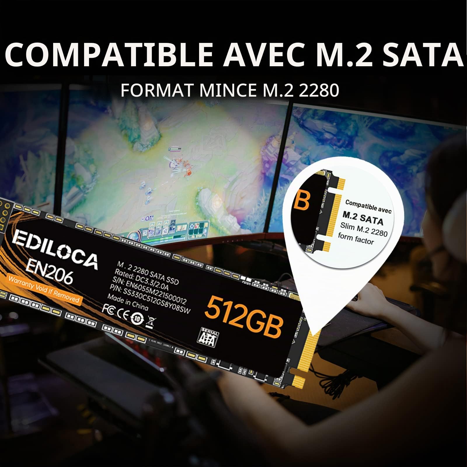 Ediloca Disque Dur Interne EN206 256 Go 3D NAND M.2 SSD, M.2 2280 SATA III 6 Go/s SSD, Vitesse de Lecture/écriture jusqu'à 550/460 Mo/s, Compatible avec Ultrabooks, tablettes et Mini PC
