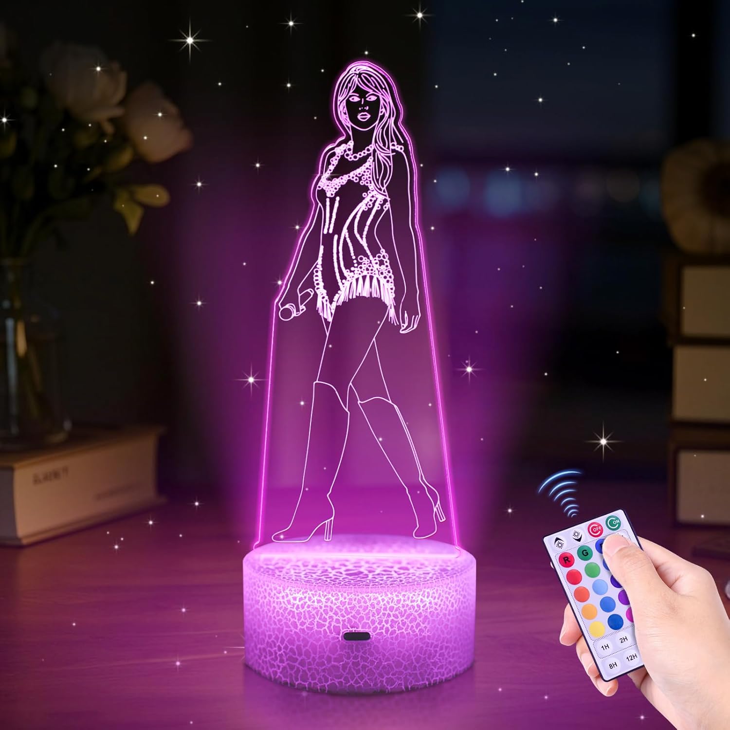 3D Illusion Night Light for Girls - 16 Colors RGB LED Lamp with Remote Control, USB/Battery Powered, Pop Singer Themed Decor for Bedroom, Living Room, Gift for Teen Girls