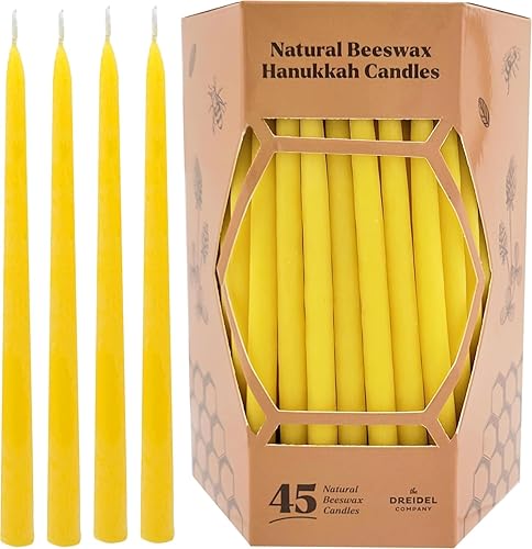 Vista 7 de Velas de cera de abeja natural de Hanukkah, menorá de Janucá hecha a mano, 45 velas amarillas para las 8 noches, se adapta a la mayoría de menoráhs