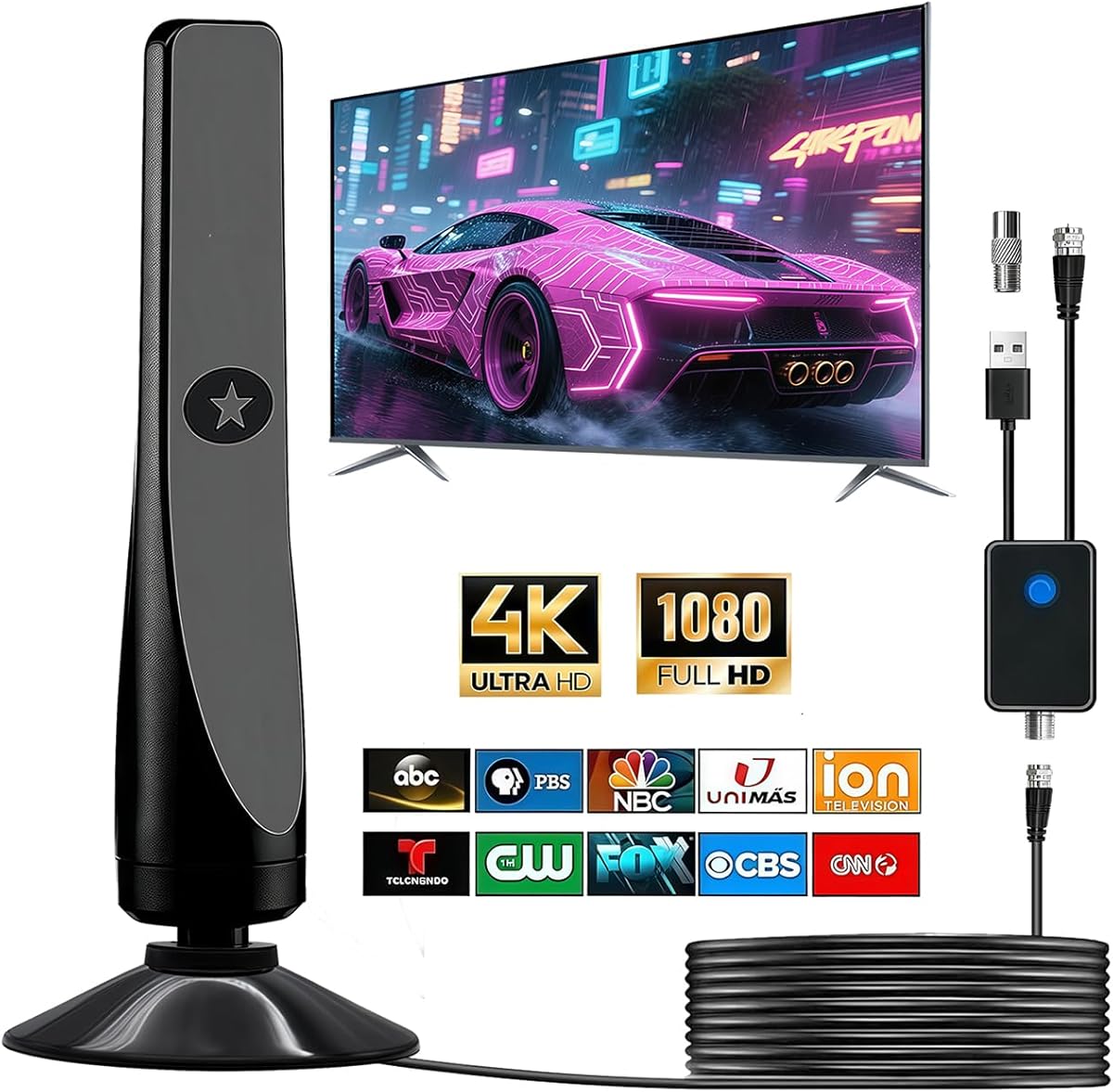 TV Antenna, Amplified HD Digital TV Antenna,for Long Range Reception,All Smart HD Digital Antennas with Amplifier Signal Booster for Local Channels Supports 4K 1080P,with High Performance Coax Cable-T