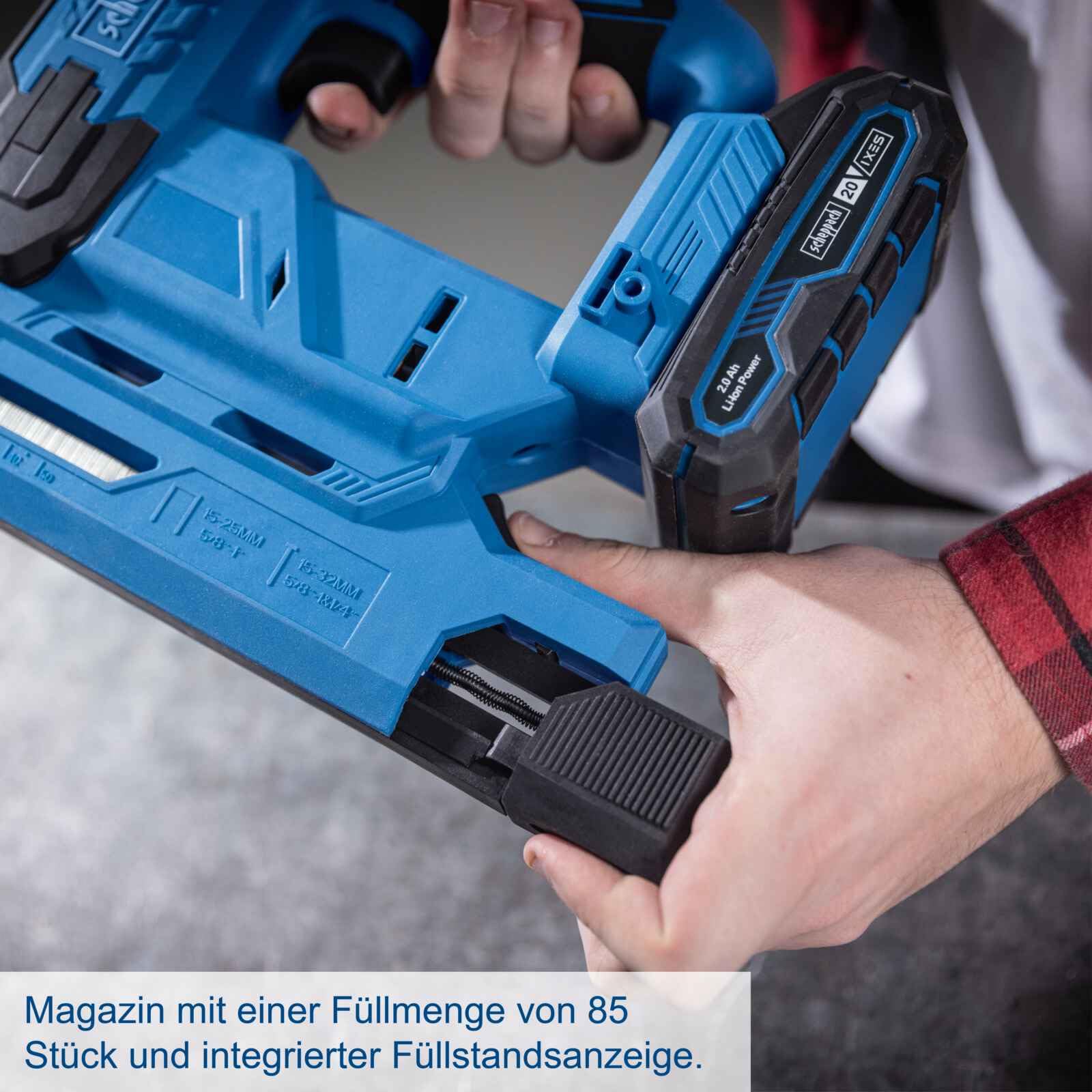 Scheppach Akku Klammer-& Nagelpistole C-NAG180-X Klammerpistole inkl. 300 Nägel & 300 Klammern | 60 Schüsse/Min | Magazin 85 St. | 20V-IXES-Serie | 10 Jahre Garantie | mit 2Ah Akku & Ladegerät