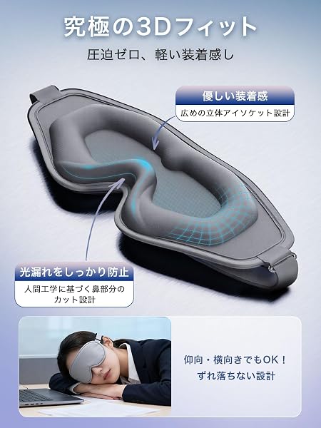 【光透過率0%・目元リラックス】モノンズ(Monons) アイマスク 睡眠用 99.99%遮光率以上 圧迫感なし 安眠 快眠 グッズ 3D 立体 軽量 目隠し 旅行 出張 昼寝 グレー 日本語取扱説明書付き - 4