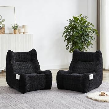 Oversized Bean Bag Chairs Set of 2 for Adults with Armrests, Comfy Floor Lounge Sofa Seat, Lazy Accent Chair with Back Support, Soft Beanbag Couch for Living Room, Bedroom, Dorm, or Gaming Room, Black