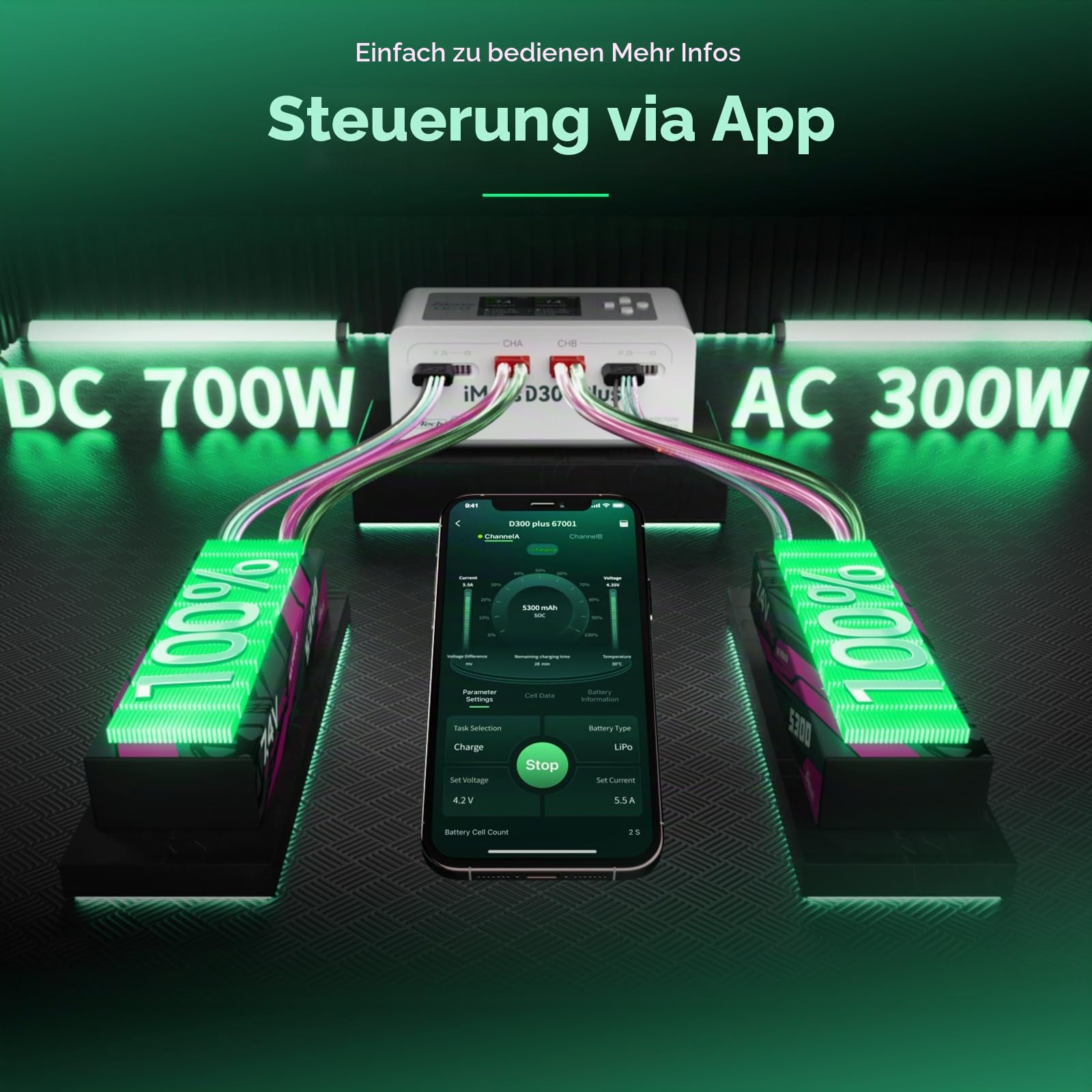 Gens ace iMars D300 Plus Smart Ladegerät, Dual-Channel RC Akku Lader mit G-Tech, Bluetooth App, AC 300W / DC 350W×2, Weiß