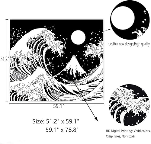 Miniatura 6 de Cestbin Kanagawa - Tapiz japonés de olas del océano, tapiz de la gran ola con tapices de luna, tapiz grande blanco y negro para sala de estar,