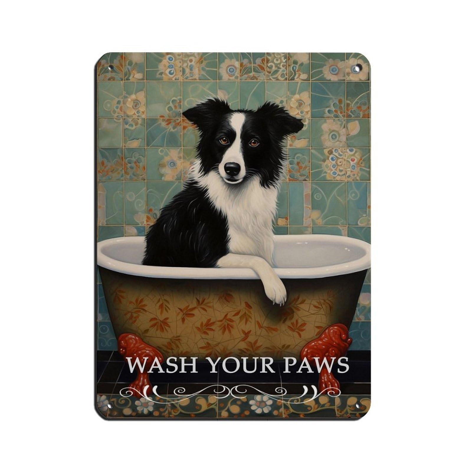 Border Collie in Bath Fun Bathroom Art Tin Sign Vintage Metal Pub Club Cafe Bar Home Wall Art Decoration Poster Retro 12x16inch(30x40cm)