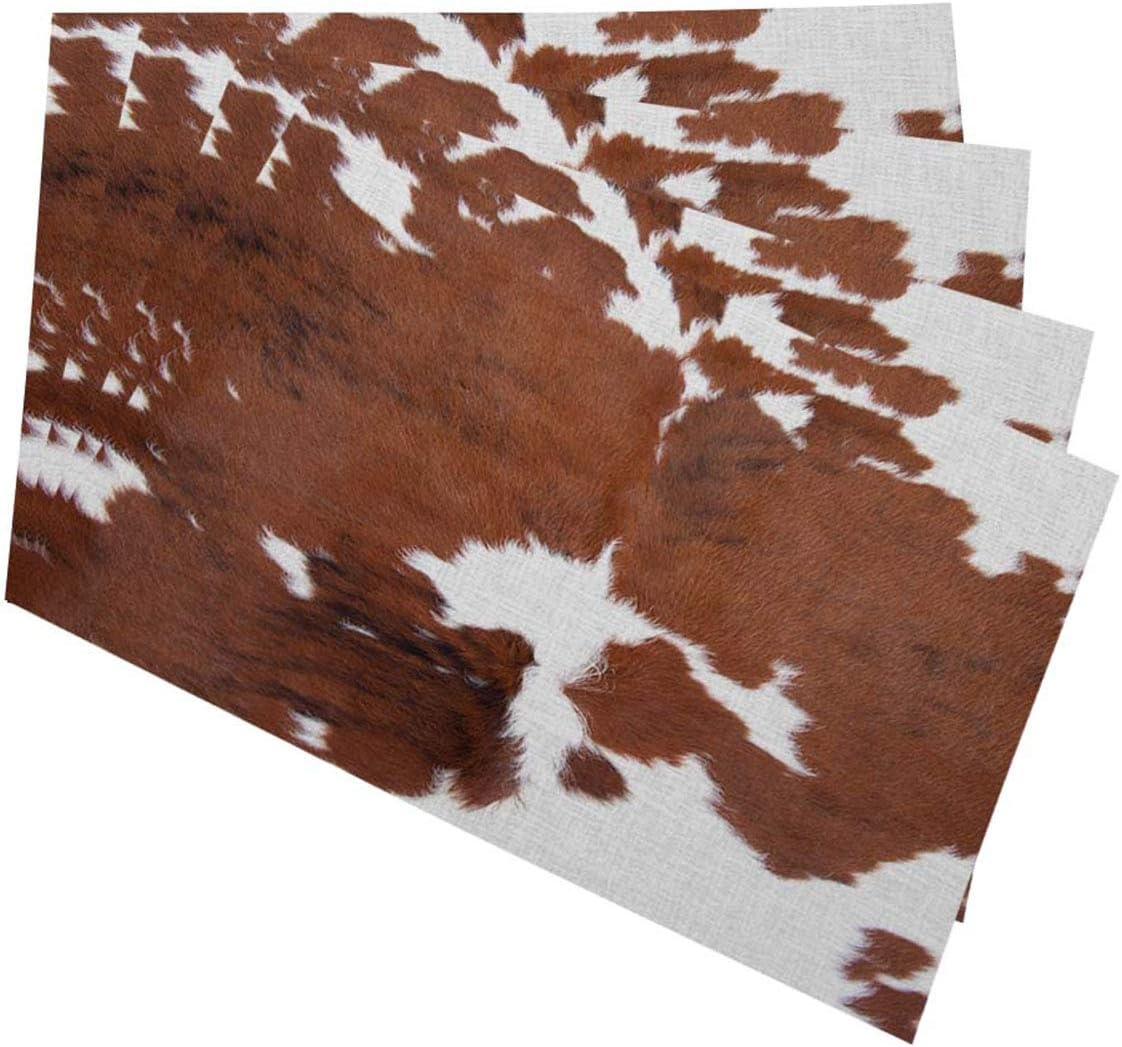 Mugod Cowhide Placemats Leopard Farm Animal Tri Color Brown Cow Decorative Heat Resistant Non-Slip Washable Place Mats for Kitchen Table Mats Set of 4 12"x18"