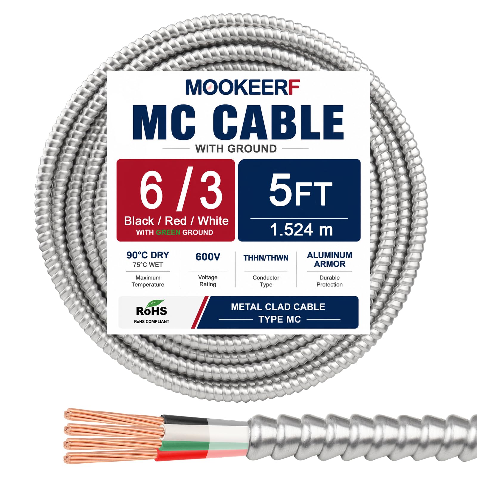 MOOKEERF 6/3 MC Cable with Ground - 5FT Pure Copper 6AWG/3 Metal
