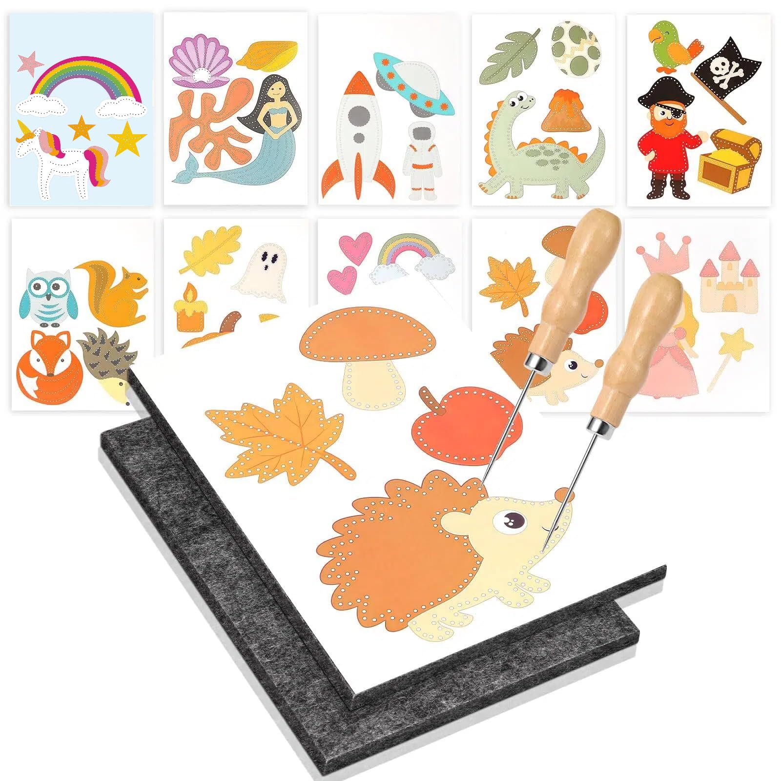 Tangdira Wu Pricking Set For Kids – 10 Templates, Wooden Handle Pricking Needles & Felt Pad (20×15×1Cm) – Craft Kit For Children, Ergonomic & Safe, Enhances Focus & Fine Motor Skills