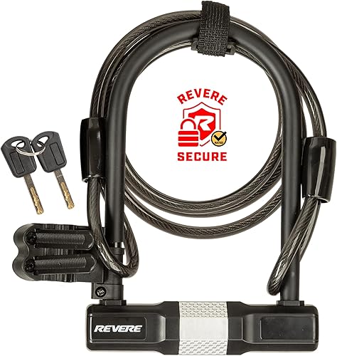 Cerradura en U con llave para bicicleta Revere USA con cable extralargo. Acero endurecido resistente. Protege tu bicicleta, bicicleta eléctrica,
